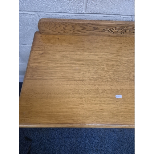 204 - AN OAK LEDGE BACK CHEST OF THREE LONG DRAWERS, width 92cm x depth 46cm x height 83cm, condition repo... 