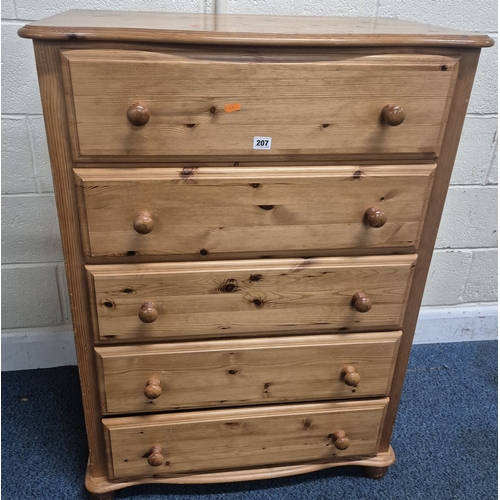 207 - A MODERN PINE SERPENTINE CHEST OF FIVE LONG DRAWERS, raised on bun feet, width 80cm x depth 49cm x h... 