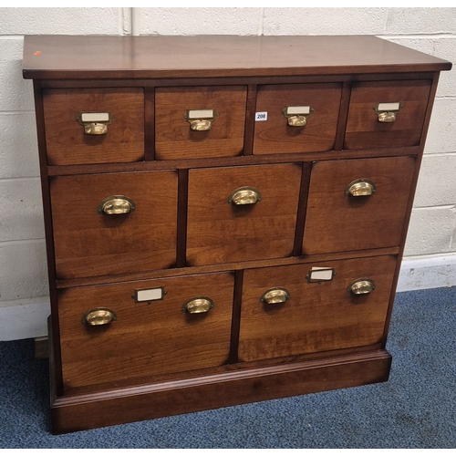 208 - A MODERN APOTHECARY STYLE BANK OF NINE DRAWERS, varying in size, width 110cm x depth 46cm x height 1... 
