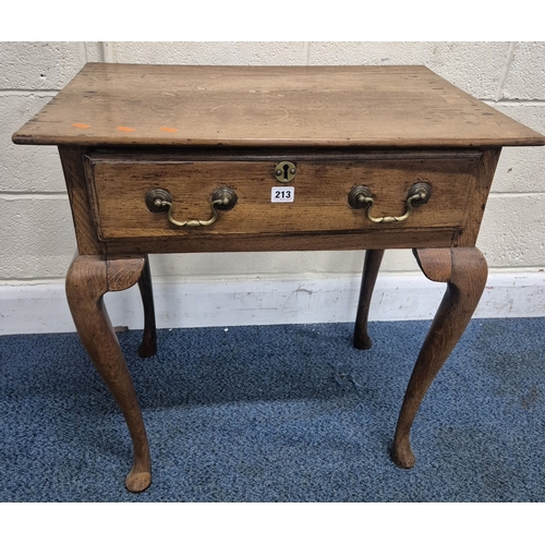 213 - A GEORGIAN OAK LOWBOY, fitted with a single frieze drawer, raised on cabriole legs, width 69cm x dep... 