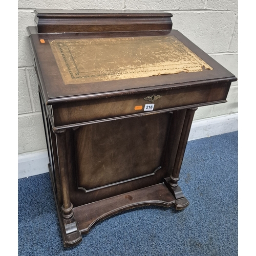 216 - AN EARLY 20TH CENTURY MAHOGANY DAVENPORT, with a small hinged compartment, a hinged leather writing ... 