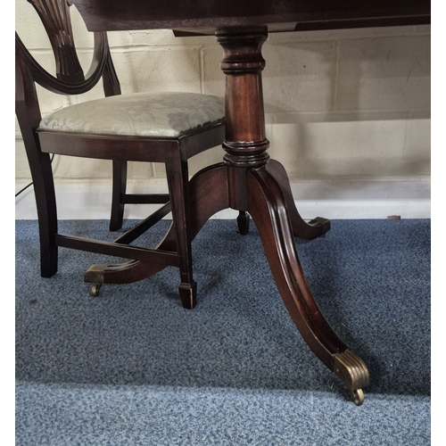 218 - A BRIDGECRAFT MAHOGANY TWIN PEDESTAL EXTENDING DINING TABLE, with one additional leaf, each pedestal... 