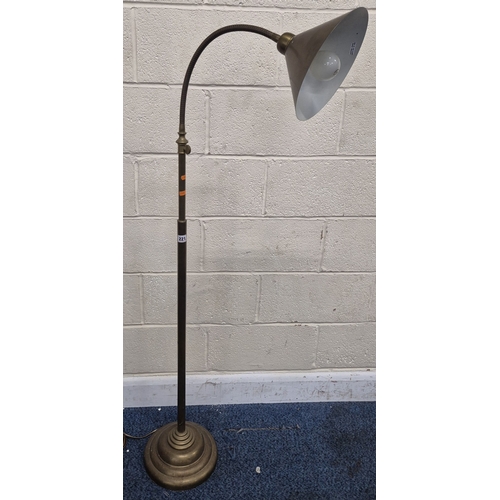 221 - LAURA ASHLEY, A BRASS STANDARD LAMP, with a cone shade and a flexible neck, on a circular stepped ba... 