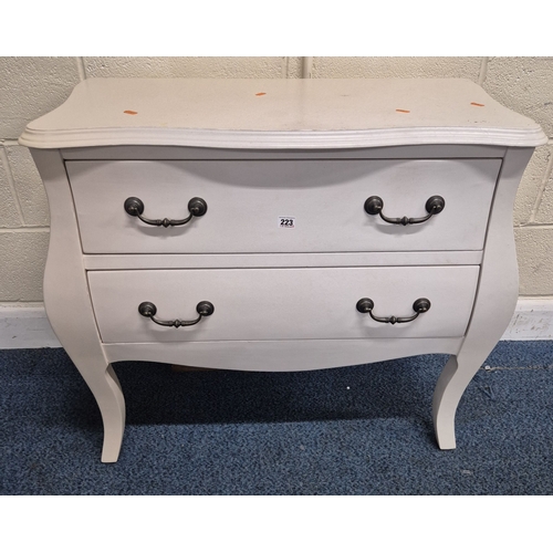 223 - A WHITE BOMBE CHEST OF TWO DRAWERS, width 90cm x depth 42cm x height 77cm, condition report: marks, ... 