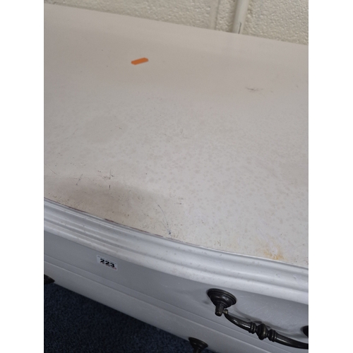 223 - A WHITE BOMBE CHEST OF TWO DRAWERS, width 90cm x depth 42cm x height 77cm, condition report: marks, ... 