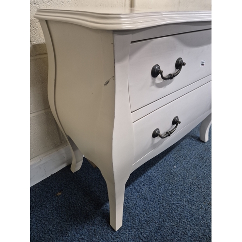 223 - A WHITE BOMBE CHEST OF TWO DRAWERS, width 90cm x depth 42cm x height 77cm, condition report: marks, ... 