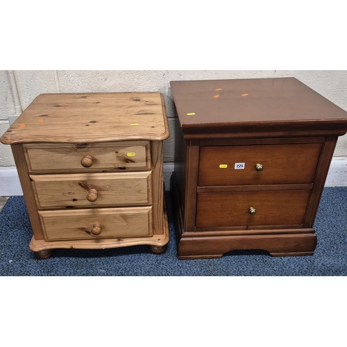 225 - A MODERN HARDWOOD TWO-DRAWER BEDSIDE CHEST, width 53cm x depth 47cm x height 57cm, along with a pine... 