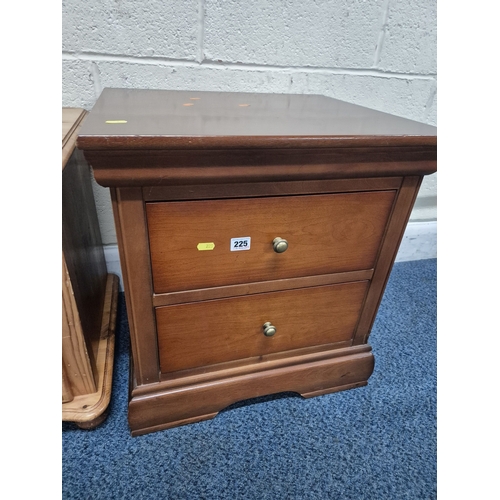 225 - A MODERN HARDWOOD TWO-DRAWER BEDSIDE CHEST, width 53cm x depth 47cm x height 57cm, along with a pine... 