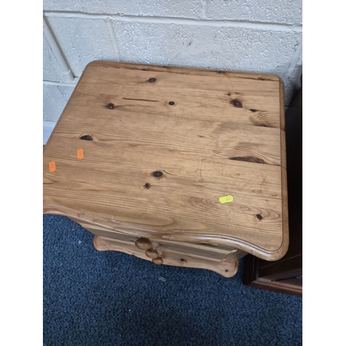 225 - A MODERN HARDWOOD TWO-DRAWER BEDSIDE CHEST, width 53cm x depth 47cm x height 57cm, along with a pine... 