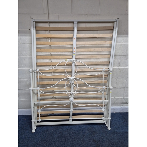 227 - A MODERN WHITE PAINTED TUBULAR METAL 4FT6 BEDSTEAD, with side rails, slats and bolts, condition repo... 
