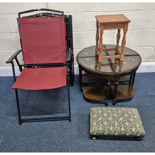 230 - A SET OF FOUR FOLDING GARDEN CHAIRS, a set of four mahogany corner chairs, along with a stool and an... 