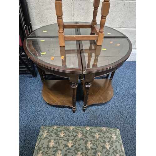 230 - A SET OF FOUR FOLDING GARDEN CHAIRS, a set of four mahogany corner chairs, along with a stool and an... 