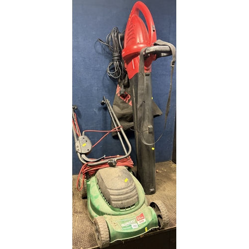 101 - A QUALCAST ELECTRIC LAWNMOWER, missing grassbox, and a Mowerland garden blower, PAT passed and worki... 