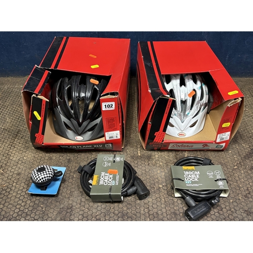 102 - TWO BOXED BELL BICYCLE HELMETS, one men's size XL, and a universal women's, two brand new cable lock... 