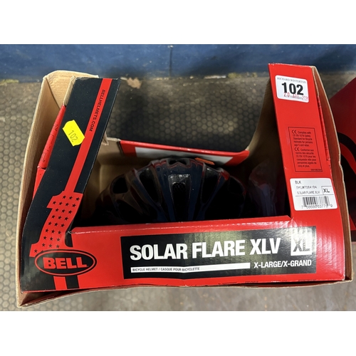 102 - TWO BOXED BELL BICYCLE HELMETS, one men's size XL, and a universal women's, two brand new cable lock... 