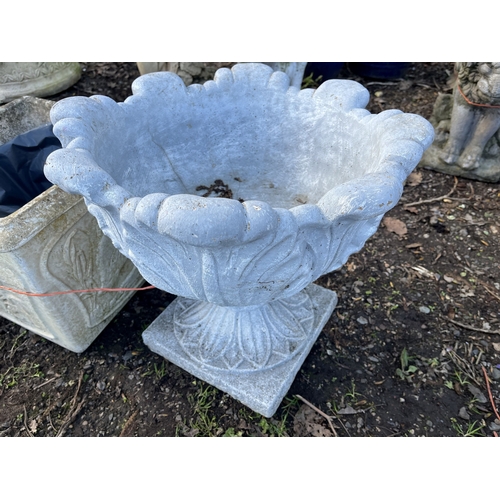 17 - FIVE CONCRETE PLANTERS, including a two-piece urn with an acanthus leaf bowl, 47cm across, a pair of... 
