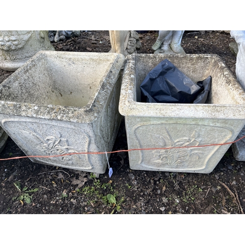 17 - FIVE CONCRETE PLANTERS, including a two-piece urn with an acanthus leaf bowl, 47cm across, a pair of... 