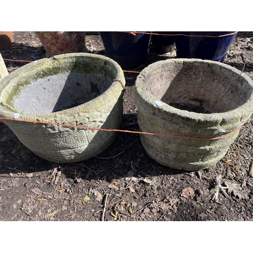 5 - FOUR CONCRETE GARDEN PLANTERS, including a pair of octagonal pots with foliate panels, 38cm across a... 