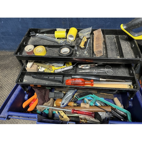 53 - TWO TOOLBOXES CONTAINING TOOLS, including a vintage Donald Edwards brass garden sprayer, a hatchet, ... 