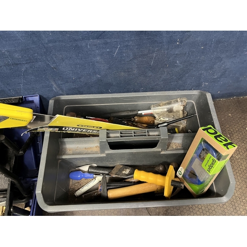 53 - TWO TOOLBOXES CONTAINING TOOLS, including a vintage Donald Edwards brass garden sprayer, a hatchet, ... 
