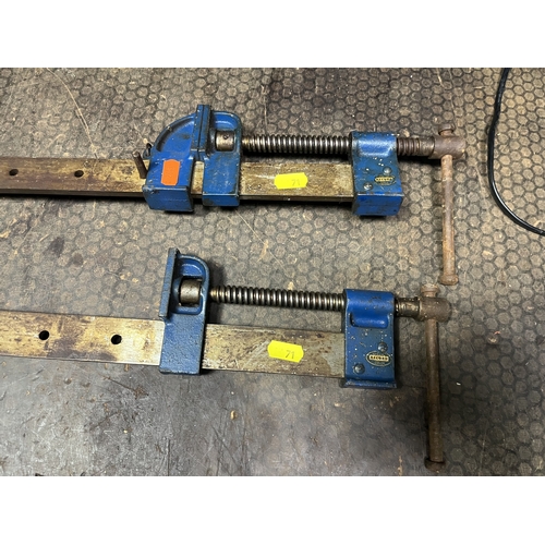 72 - TWO RECORD 120cm SASH CRAMPS along with a Stanley Bridges drill stand in original box (3)