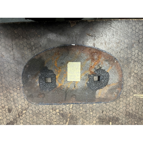 74 - A VINTAGE CAST IRON COAL WAGON NAME PLATE, 11in across (overpainted in blue and white)