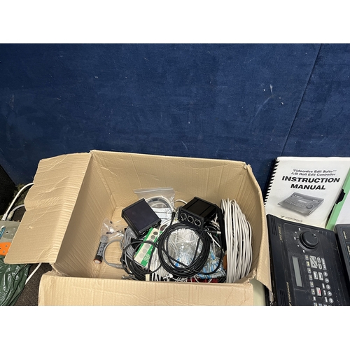 76 - A LARGE COLLECTION OF AUDIO VISUAL CABLES AND ELECTRONIC EQUIPMENT: including video mixers, audio mi... 
