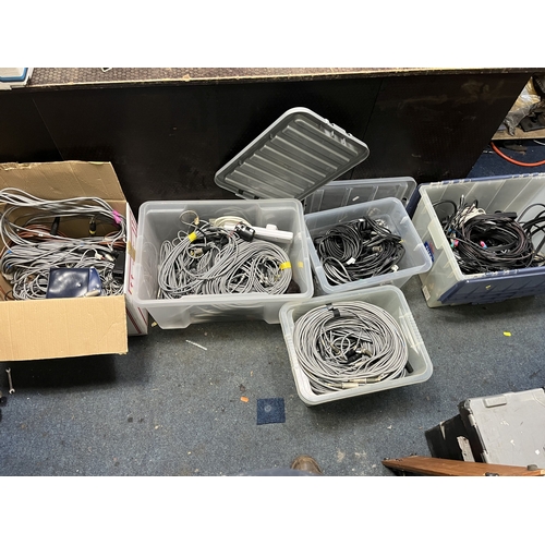 76 - A LARGE COLLECTION OF AUDIO VISUAL CABLES AND ELECTRONIC EQUIPMENT: including video mixers, audio mi... 