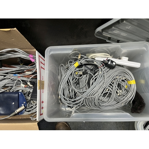 76 - A LARGE COLLECTION OF AUDIO VISUAL CABLES AND ELECTRONIC EQUIPMENT: including video mixers, audio mi... 