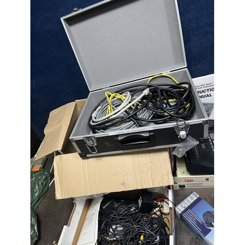 76 - A LARGE COLLECTION OF AUDIO VISUAL CABLES AND ELECTRONIC EQUIPMENT: including video mixers, audio mi... 