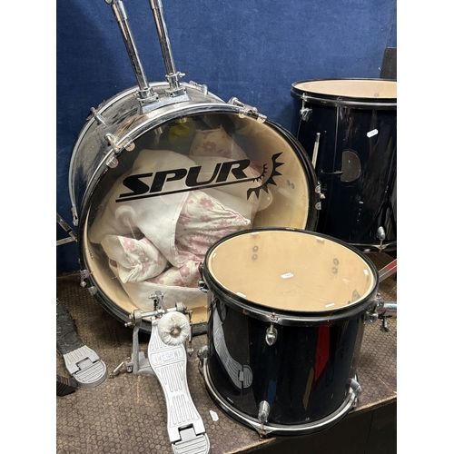 89 - A SPUR DRUM KIT, including a kick drum, floor tom, top drum, cymbal, high hat, and snare. Condition ... 
