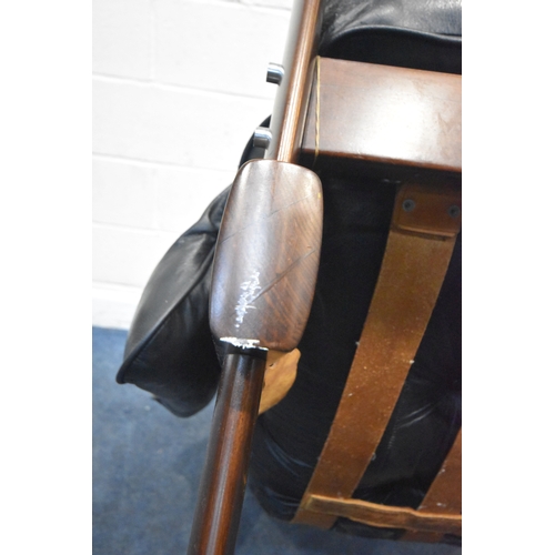 201 - POSSIBLY PERCIVAL LAFER, A MID CENTURY BRAZILIAN ROSEWOOD FRAMED MP-43 ARMCHAIR, with black leather ... 