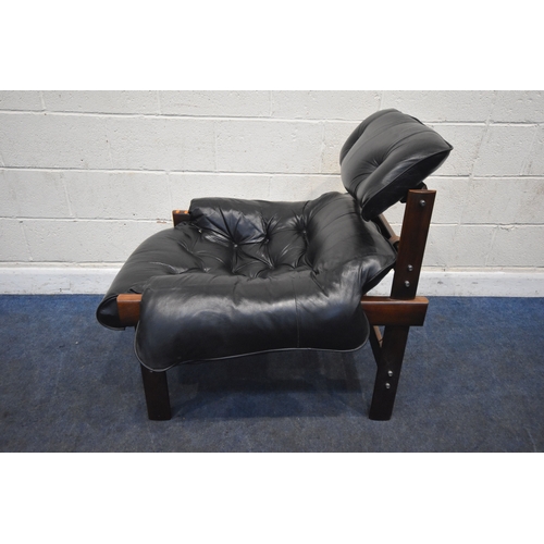 201 - POSSIBLY PERCIVAL LAFER, A MID CENTURY BRAZILIAN ROSEWOOD FRAMED MP-43 ARMCHAIR, with black leather ... 