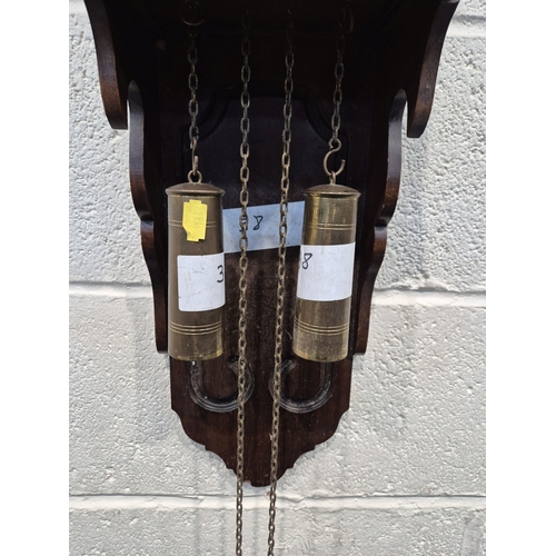 364 - TWO ZAANSE WALL CLOCKS, with brass figures holding a globe and raised gallery, one with two weights,... 