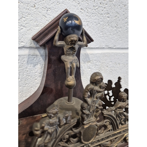 364 - TWO ZAANSE WALL CLOCKS, with brass figures holding a globe and raised gallery, one with two weights,... 