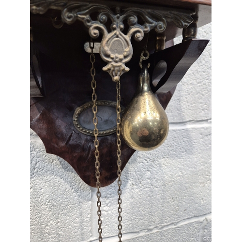 364 - TWO ZAANSE WALL CLOCKS, with brass figures holding a globe and raised gallery, one with two weights,... 