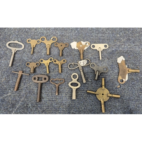 367 - SEVENTEEN CLOCK WINDING KEYS, varying in shape, size, style etc *stored elsewhere for security* (17)