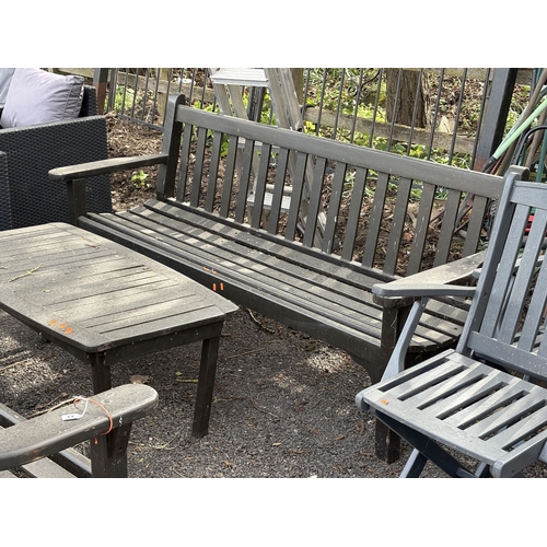17 - A SELECTION OF PAINTED GARDEN FURNITURE, to include two benches, length 192cm, a coffee table, and f... 