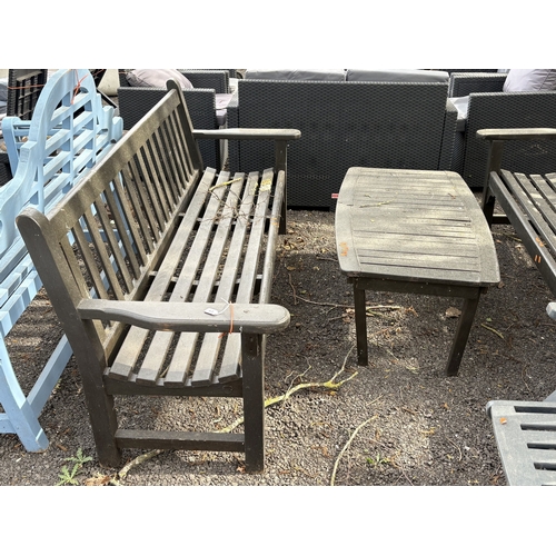 17 - A SELECTION OF PAINTED GARDEN FURNITURE, to include two benches, length 192cm, a coffee table, and f... 