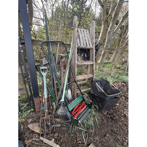 19 - A SELECTION OF GARDEN TOOLS, to include a spade, forks, etc, an equal cast push lawnmower with grass... 