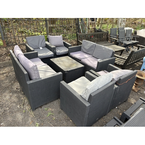 21 - ALLIBERT AND KETER, A PLASTIC FAUX RATTAN NEAR SEVEN-PIECE GARDEN SET, with matching and attritional... 