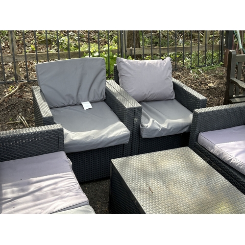 21 - ALLIBERT AND KETER, A PLASTIC FAUX RATTAN NEAR SEVEN-PIECE GARDEN SET, with matching and attritional... 