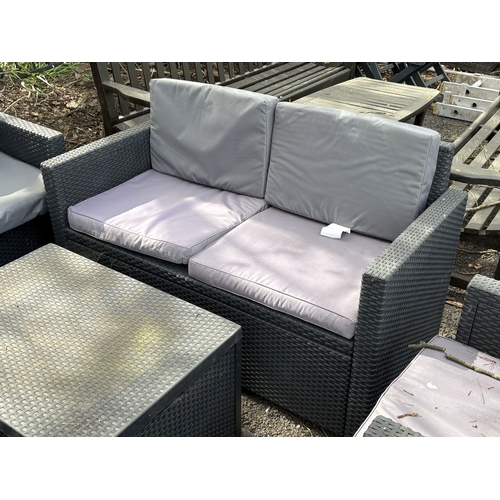 21 - ALLIBERT AND KETER, A PLASTIC FAUX RATTAN NEAR SEVEN-PIECE GARDEN SET, with matching and attritional... 