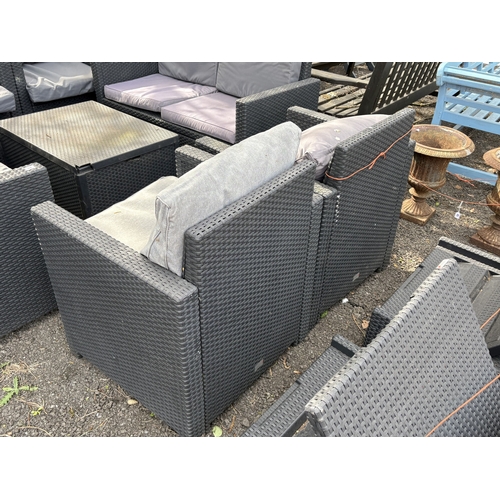 21 - ALLIBERT AND KETER, A PLASTIC FAUX RATTAN NEAR SEVEN-PIECE GARDEN SET, with matching and attritional... 