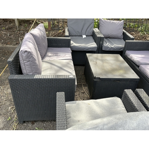 21 - ALLIBERT AND KETER, A PLASTIC FAUX RATTAN NEAR SEVEN-PIECE GARDEN SET, with matching and attritional... 