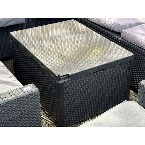 21 - ALLIBERT AND KETER, A PLASTIC FAUX RATTAN NEAR SEVEN-PIECE GARDEN SET, with matching and attritional... 