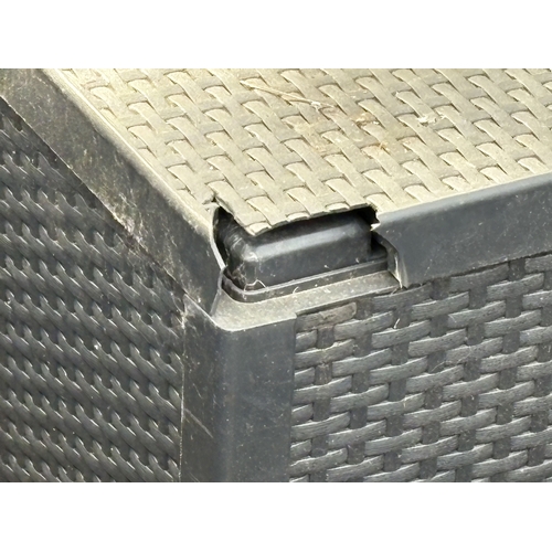 21 - ALLIBERT AND KETER, A PLASTIC FAUX RATTAN NEAR SEVEN-PIECE GARDEN SET, with matching and attritional... 