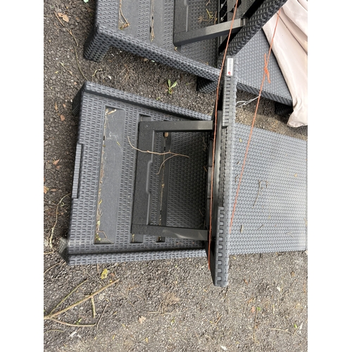 22 - ALLIBERT, A PAIR OF PLASTIC FAUX RATTAN ADJUSTABLE SUN LOUNGERS, along with a upop wind out parasol ... 