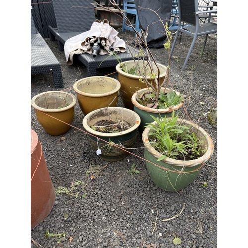 24 - SIX GREEN AND BROWN GLAZED PLANT POTS, of different sizes, one containing a plant, largest diameter ... 