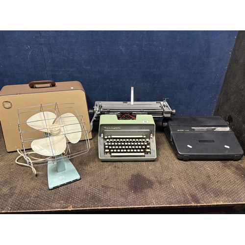 51 - A REMINGTON INTERNATIONAL TYPEWRITER, a sharp PA-3100S electric typewriter, a vintage Calor table fa... 